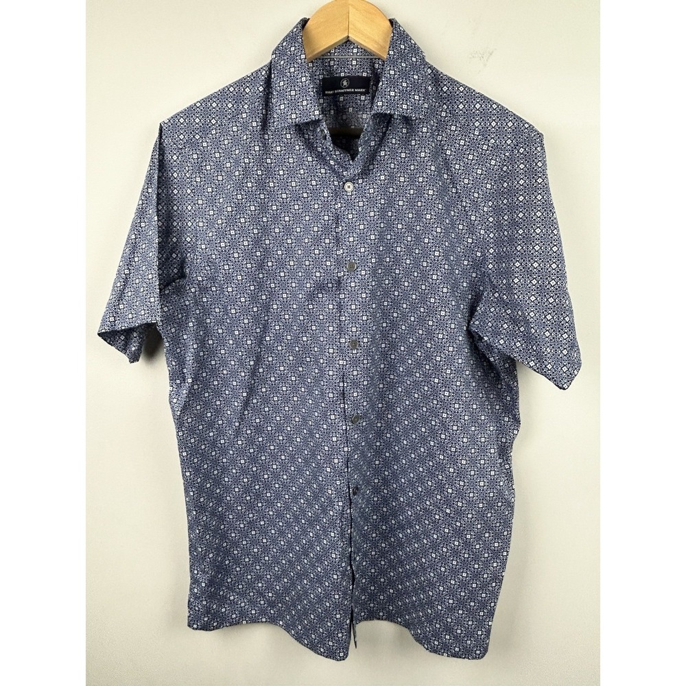 Hart Schaffner Marx Men's M Blue Graphic Design Button up Short Sleeve Shirt